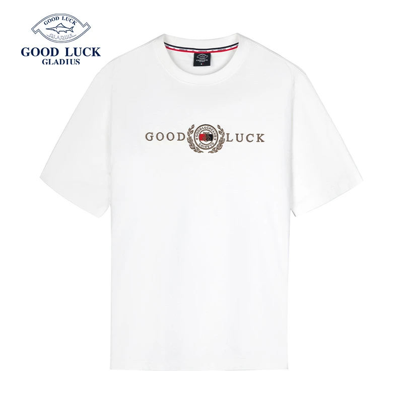 GOOD LUCK德鲨夏季新款纯棉微廓刺绣LOGO形象款短袖T恤-WY23609