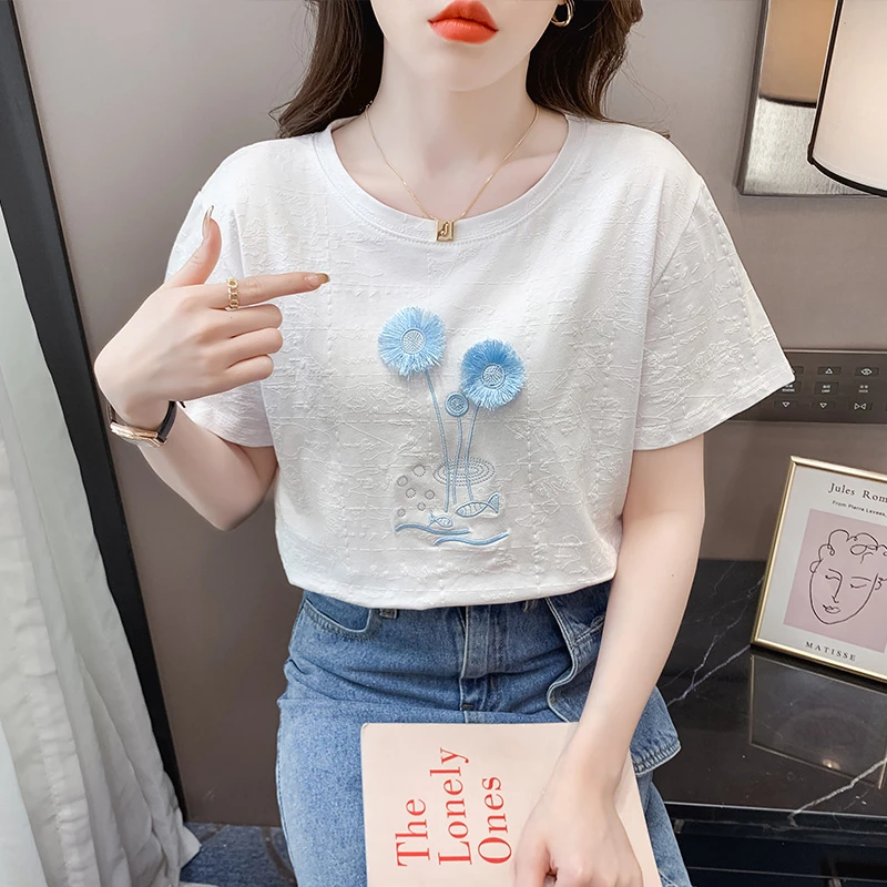 纯棉高档刺绣印花白色短袖t恤女2025夏季新款洋气女装上衣半袖潮