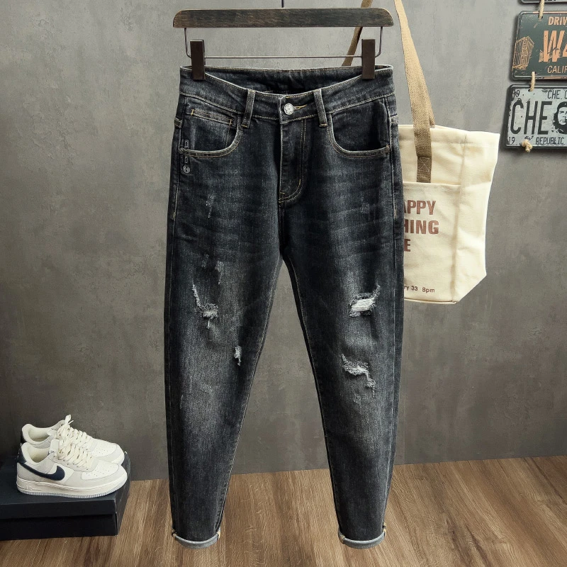 夏季薄款黑色牛仔裤男修身小脚裤休闲潮流水洗弹力百搭裤子九分裤