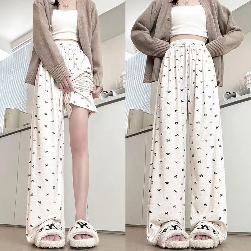 蝴蝶结糯米裤女春秋2024新款高腰休闲慵懒垂感小个子蝴蝶结阔腿裤