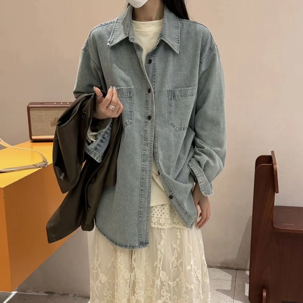 海屿青柏～韩系复古磨边浅色牛仔衬衫