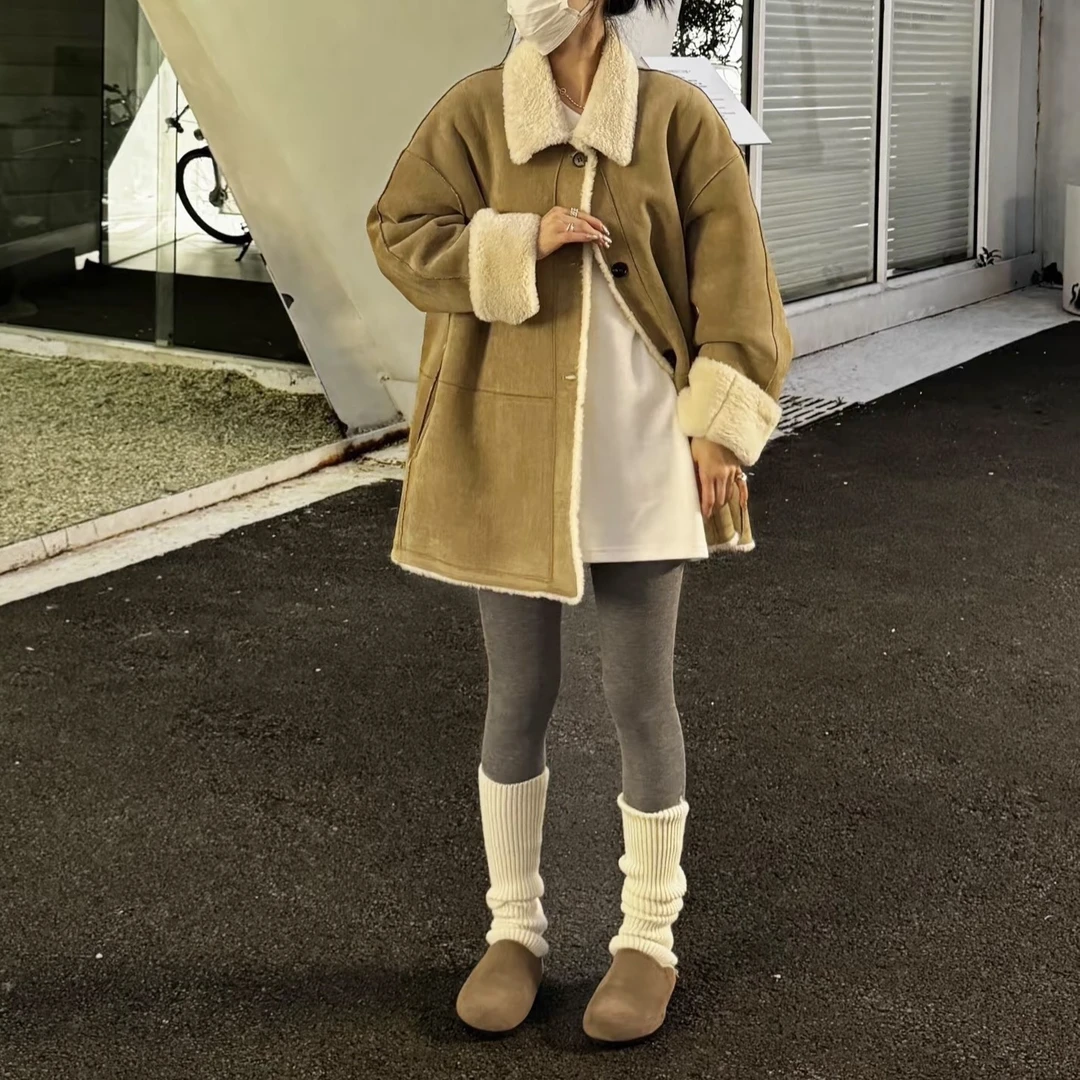 两面派～韩版翻领侧口袋皮毛一体外套