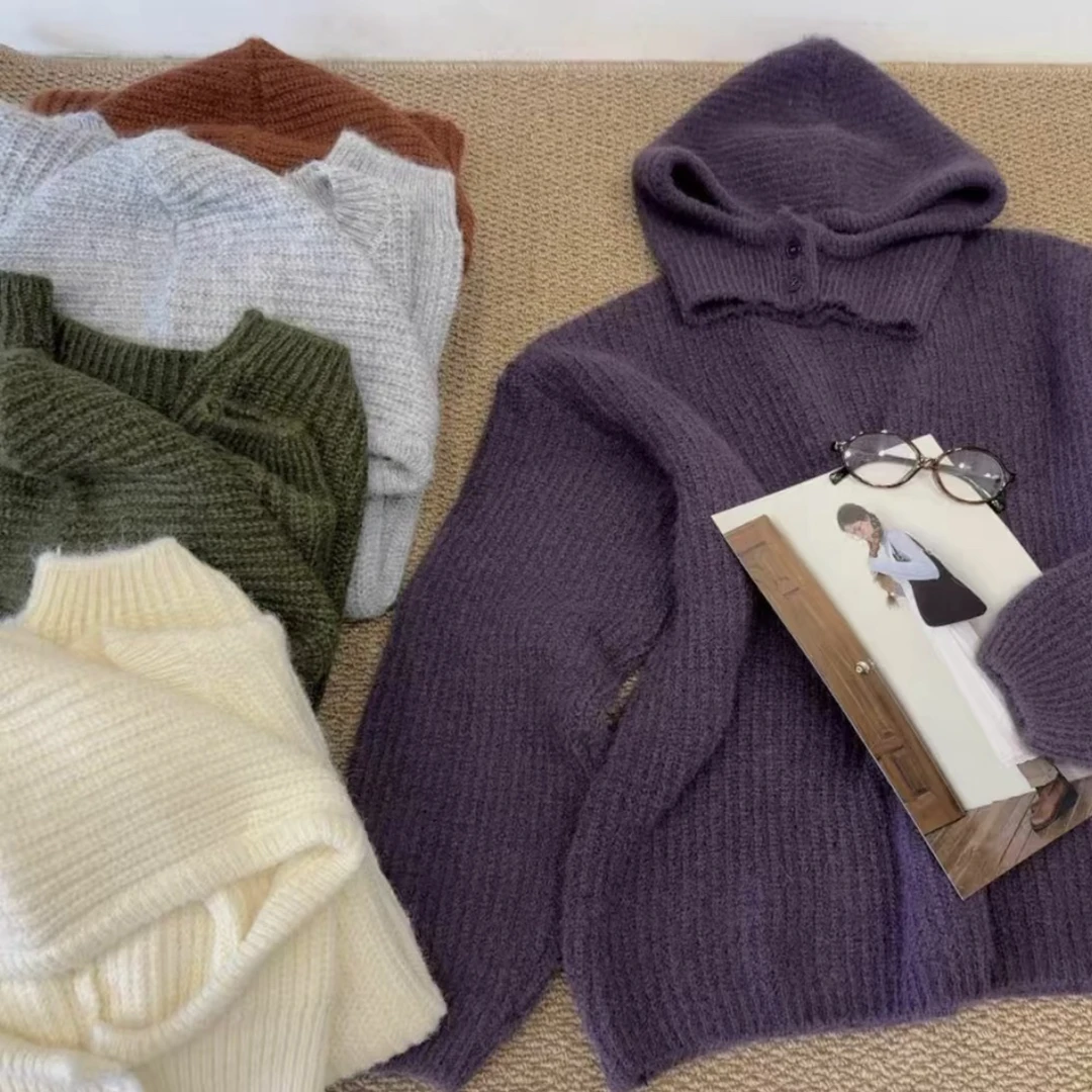 心动记号～韩版纯色圆领针织帽毛衣（帽子可卸）