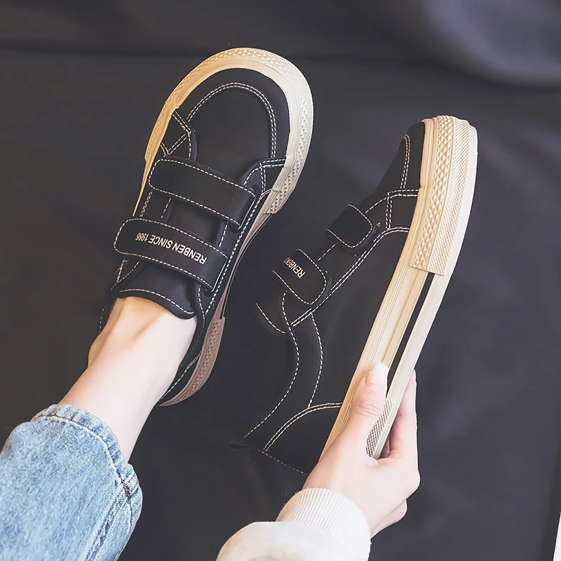 人本魔术贴帆布鞋女2025秋新款ins百搭休闲板鞋懒人鞋显瘦男女鞋