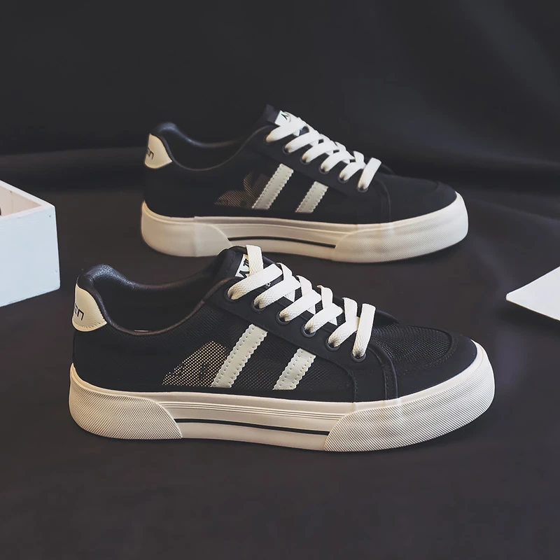 人本黑色网鞋男夏天薄款缕空透气运动休闲板鞋潮流男鞋网面帆布鞋