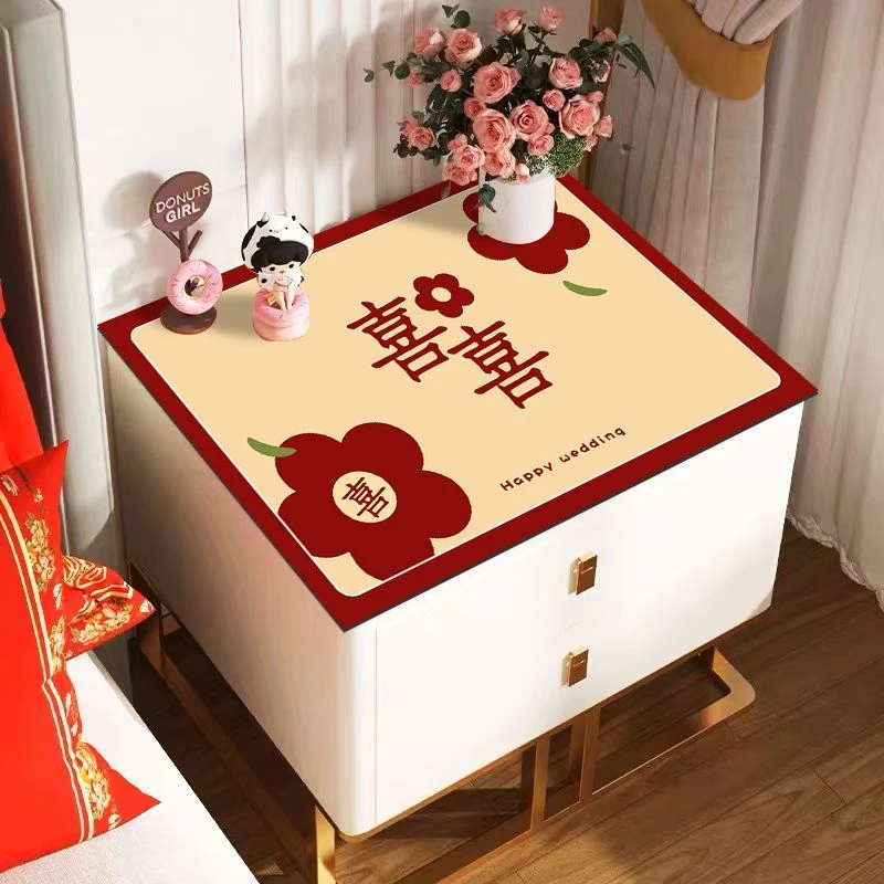 硅藻泥床头柜盖布结婚吸水防滑喜庆红色桌垫卧室免洗垫防尘罩垫子
