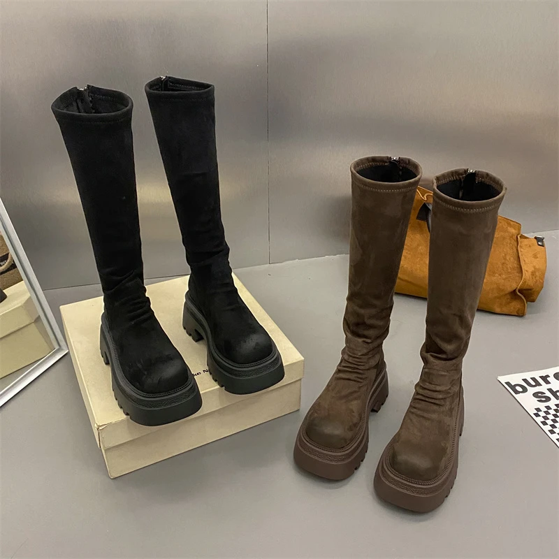 【贾不假】-厚底中筒女2023秋季新款时尚百搭小个子加绒厚底瘦瘦靴