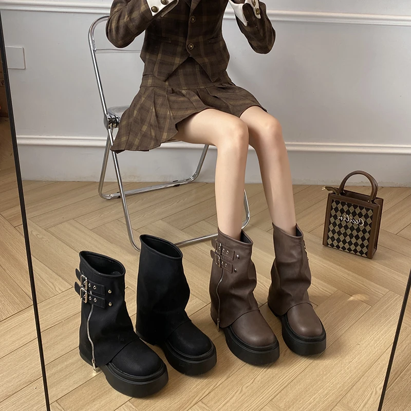 贾不假短靴女款2024早秋新款复古风时尚气质休闲英伦风厚底时装靴