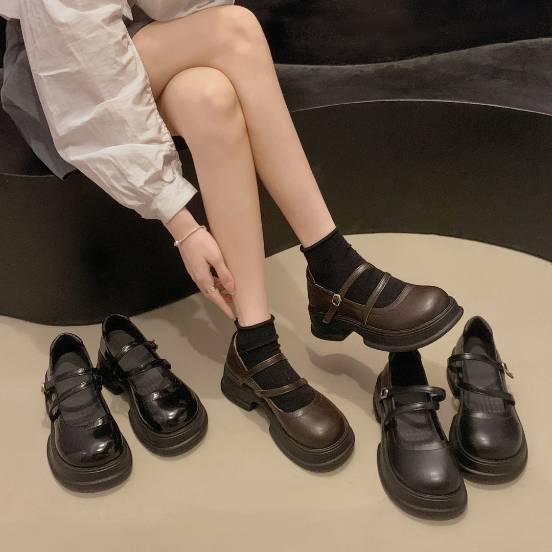 【贾不假】粗跟单鞋女2023年秋季新款时尚复古浅口圆头玛丽珍小皮鞋