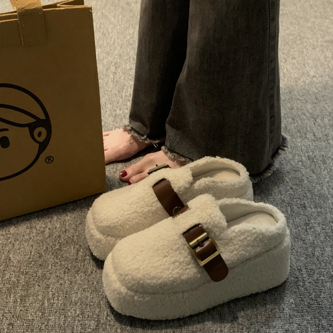 贾不假包头拖女外穿2023年秋季新款时尚小个子坡跟舒适洋气毛毛鞋