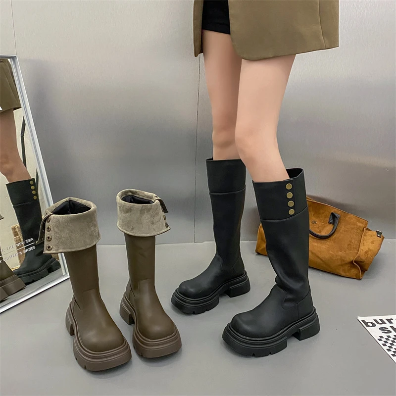 【贾不假】厚底骑士长筒靴女2023秋冬新款小个子增高中筒美式瘦瘦靴