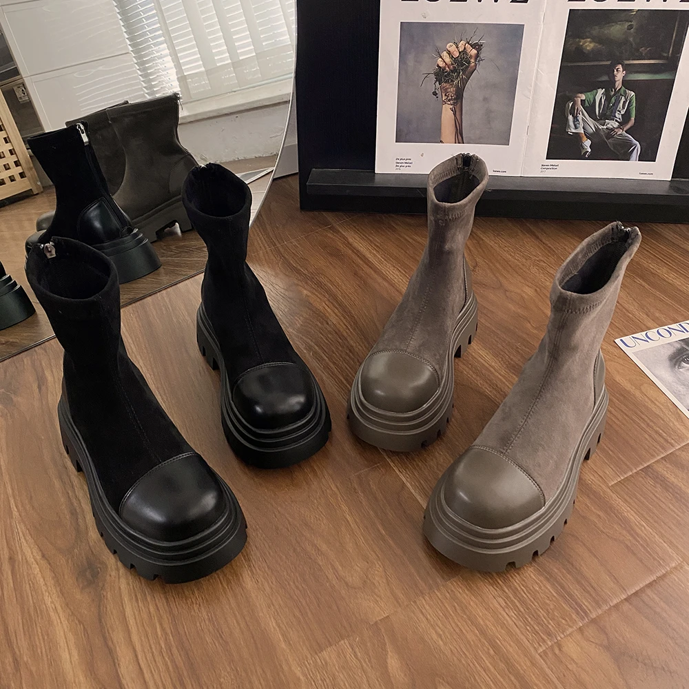 【贾不假】2023秋季新款网红百搭时尚厚底短筒显瘦显高英伦风时装靴