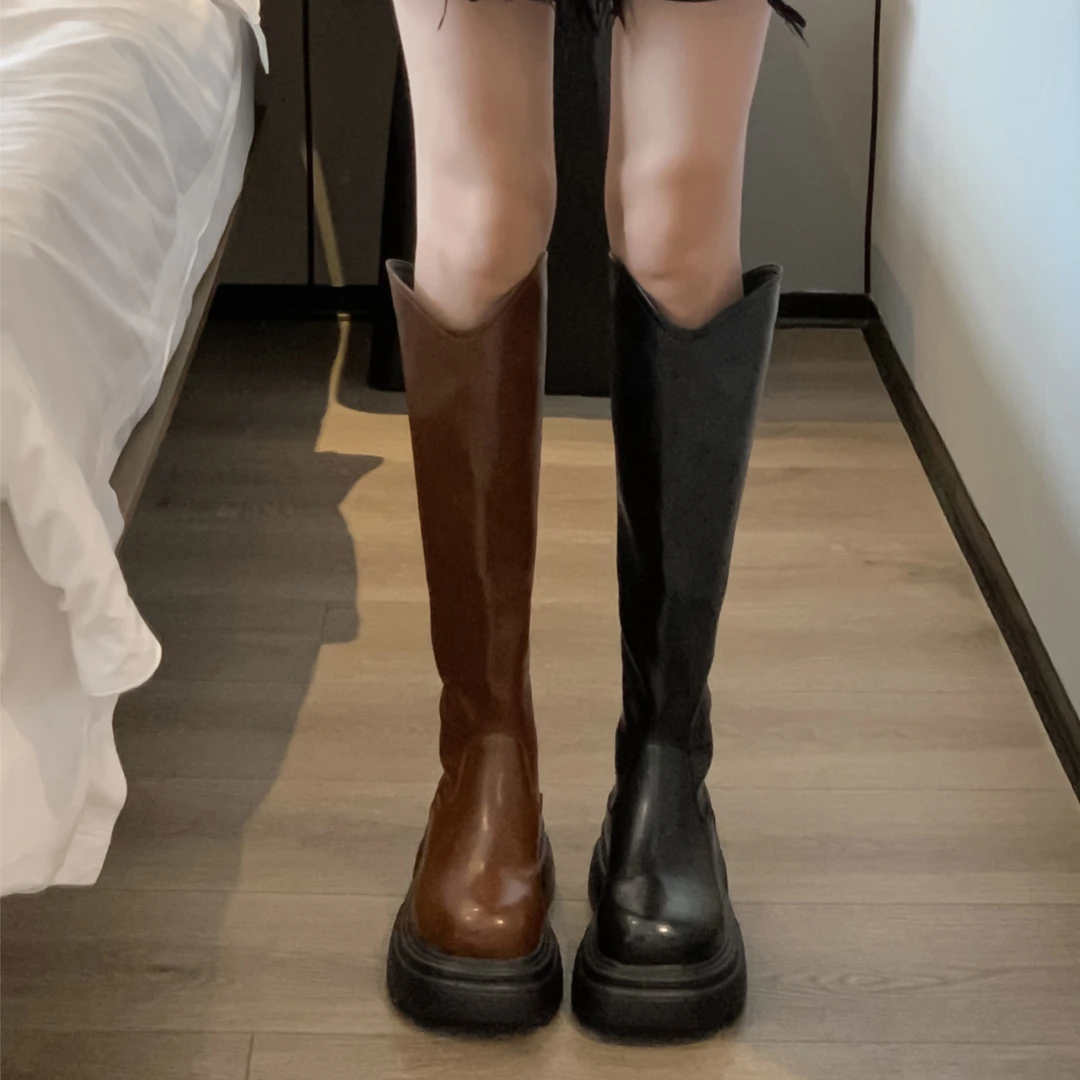 【贾不假】长靴女款2023年秋季新款复古风百搭厚底时尚休闲骑士靴潮