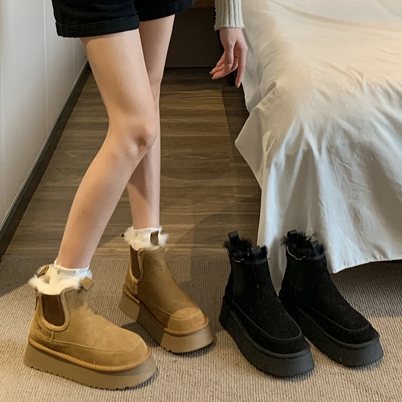 贾不假雪地靴女款2024年冬季新款法式洋气复古加绒厚底弹力短靴