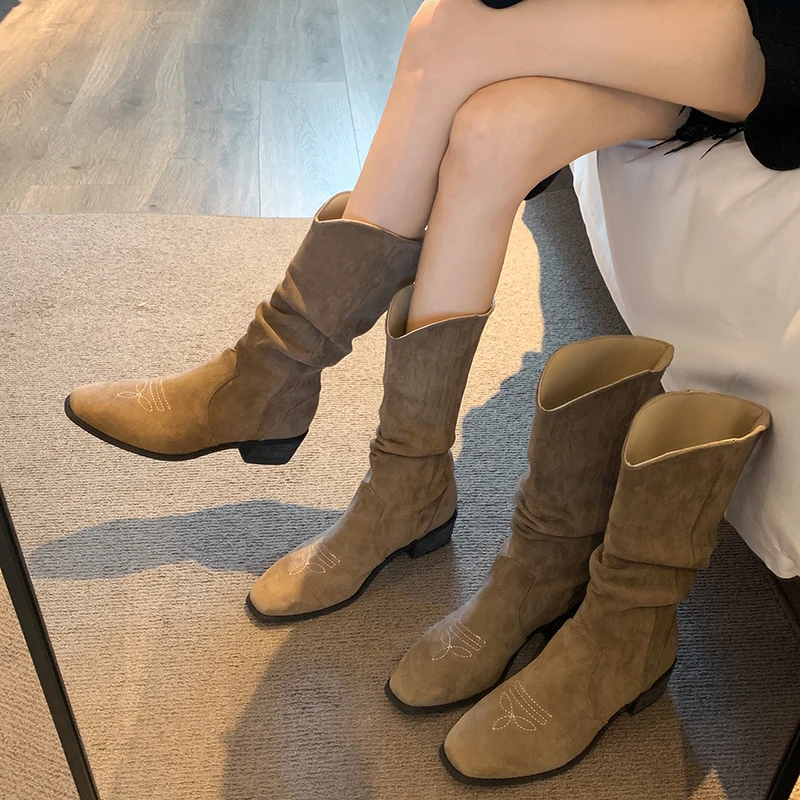 【贾不假】厚底绒面丹宁风长筒靴2023秋新款百搭复古洋气粗跟西部靴