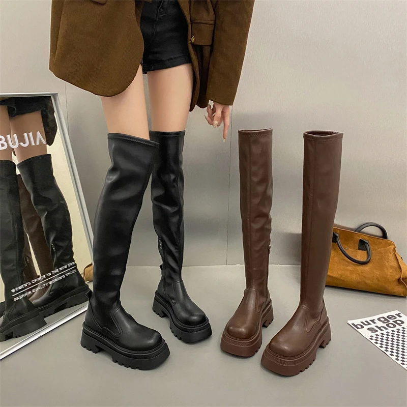 【贾不假】厚底长筒靴秋冬加绒百搭2023年新款英伦风棕色过膝高筒靴