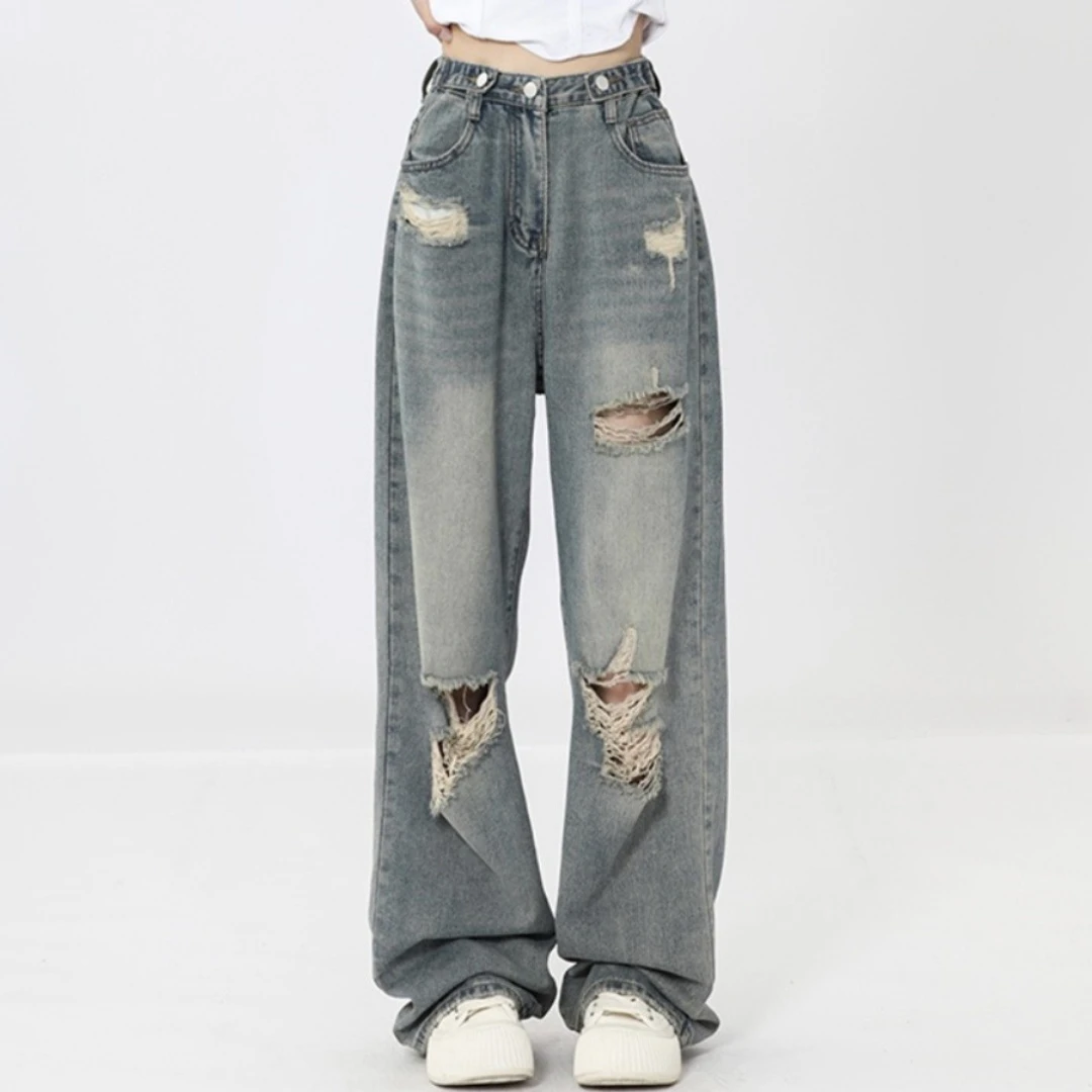 美式复古阔腿破洞牛仔裤女新款大码胖mm宽松显瘦直筒拖地裤子