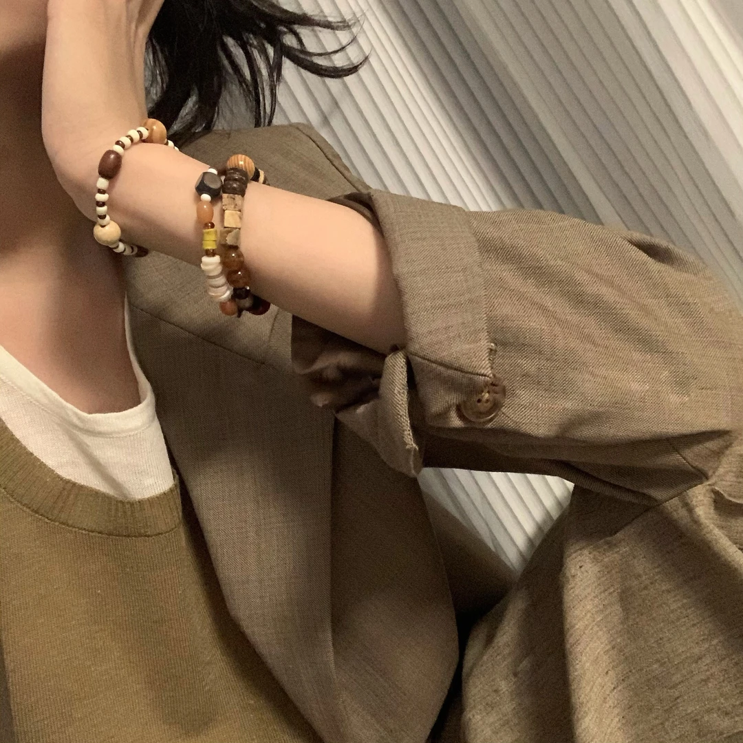 合金木质手链 天然串珠手链女ins小众设计感复古手串闺蜜新中手饰