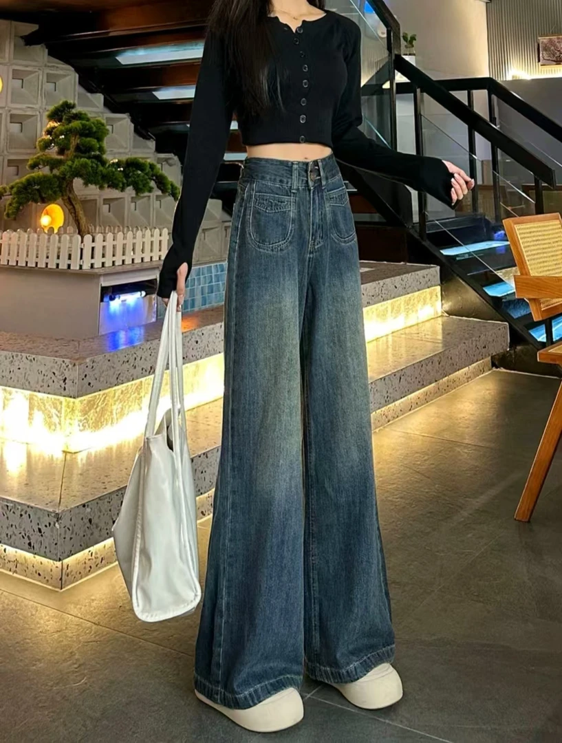 复古深蓝色阔腿牛仔裤女春秋新款百搭高腰宽松显瘦