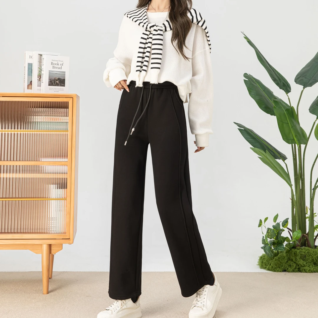 加绒加厚窄版保暖阔腿裤女2024冬季时尚休闲直筒裤显瘦百搭高腰