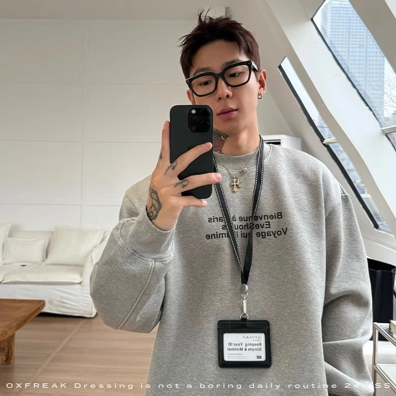 OXFREAK「字母标语印花」450G重磅美式套头卫衣男加绒加厚冬季长袖