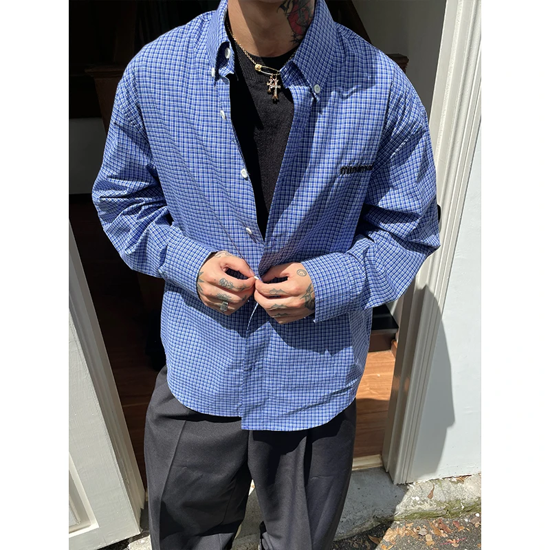 OXFREAK「包针刺绣 细格纹」秋季蓝色长袖衬衫男廓形百搭休闲衬衣