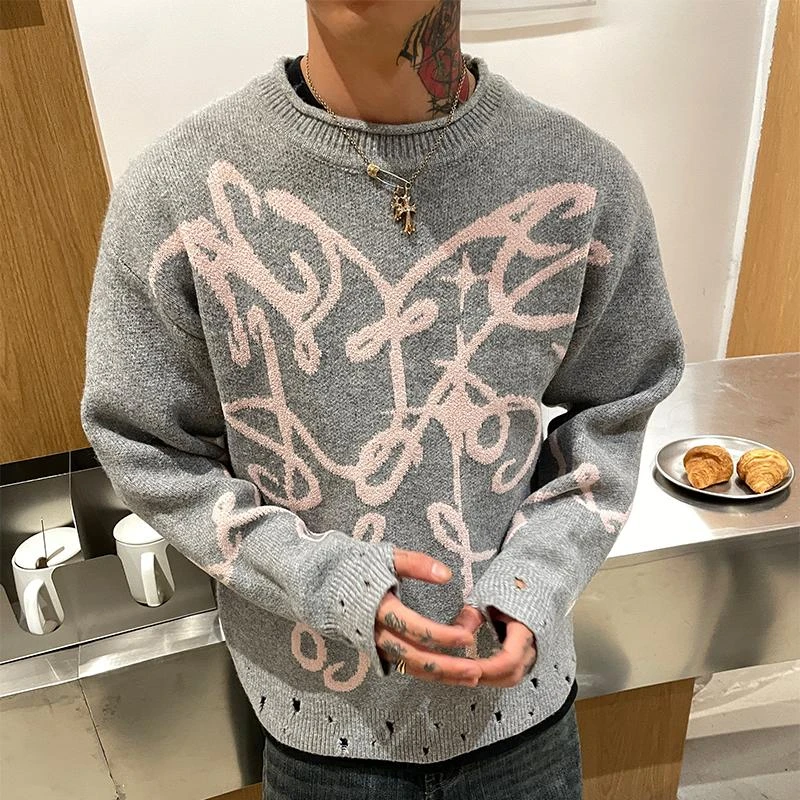 OXFREAK 24FW「蔓草纹 卷边破洞」圆领套头毛衣男宽松针织毛衫