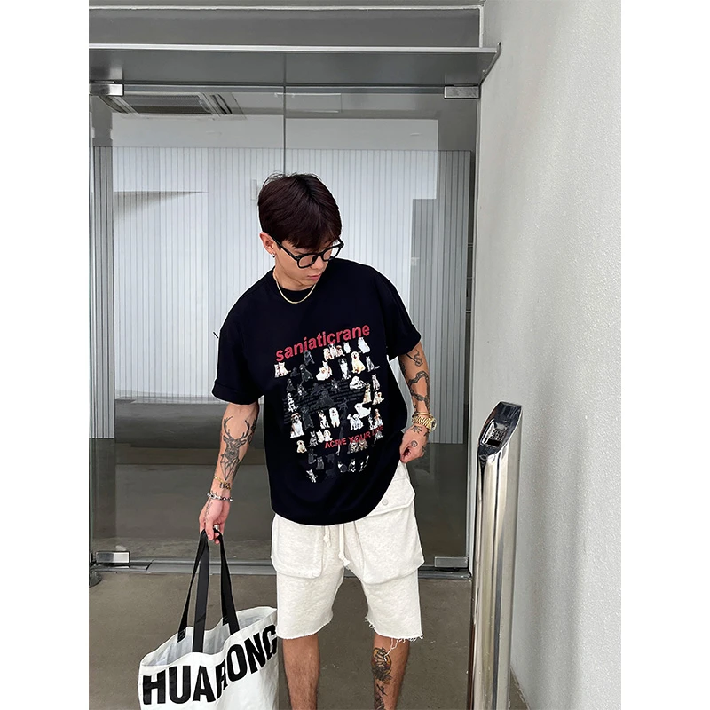 OXFREAK 24SS「趣味小狗印花」300G双纱纯棉短袖t恤男宽松五分袖