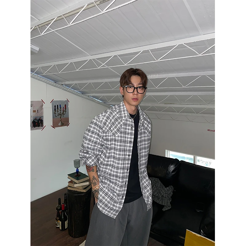 OXFREAK 24FW「对称本布拼接」撞色格子长袖衬衫男高级感衬衣秋季