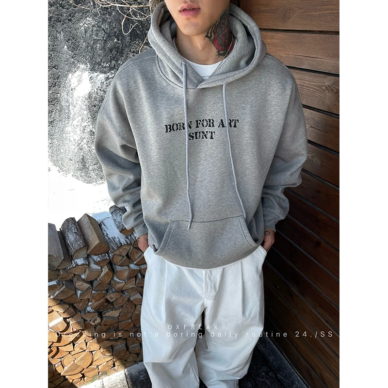 OXFREAK 24FW「裂纹字母 海报图案」秋冬美式加绒连帽卫衣男宽松