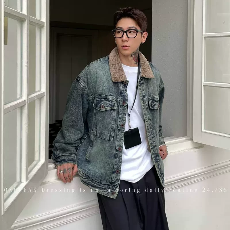 OXFREAK 24FW「水洗复古 颗粒毛领」翻领牛仔外套男加绒加厚夹克冬