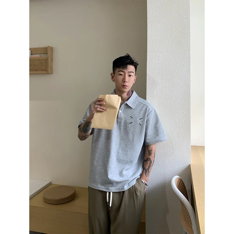 OXFREAK「四点刺绣」重磅硬挺灰色POLO衫男宽松短袖高级感翻领t恤