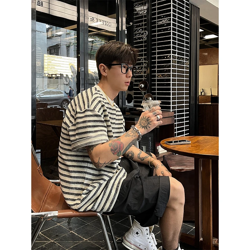 OXFREAK「定制混色纱线 复古条纹」柔软圆领短袖t恤男宽松五分袖