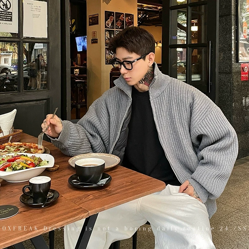 OXFREAK 「坑条针织 双面穿」冬季立领90白鸭绒羽绒服男加厚外套