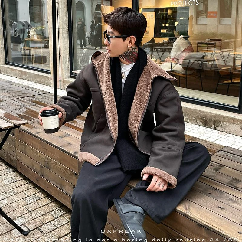 OXFREAK 24FW「美拉德 拼接毛」复古冬季加厚毛呢夹克男宽松外套