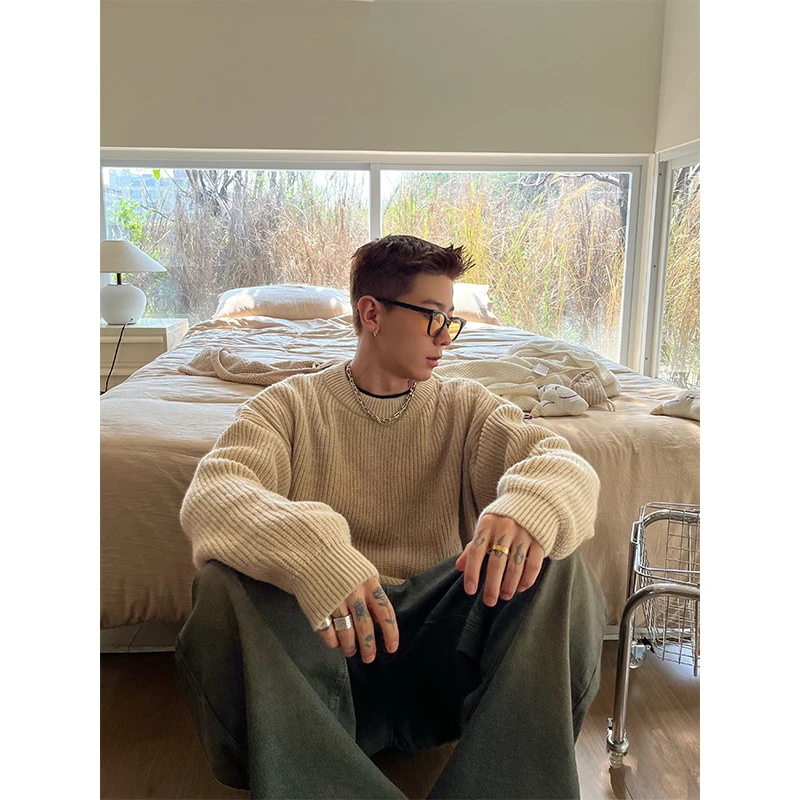 OXFREAK「韩系极简竖条纹理设计」圆领套头毛衣男宽松针织衫秋冬