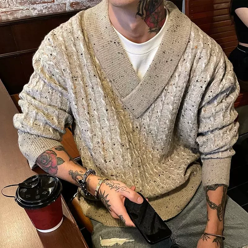 OXFREAK 「提花彩点 大V领」冬季加厚套头毛衣男宽松休闲针织衫