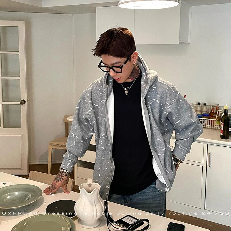 OXFREAK 24FW「斑驳 磨烂破洞」700G重磅开衫卫衣男连帽短款外套