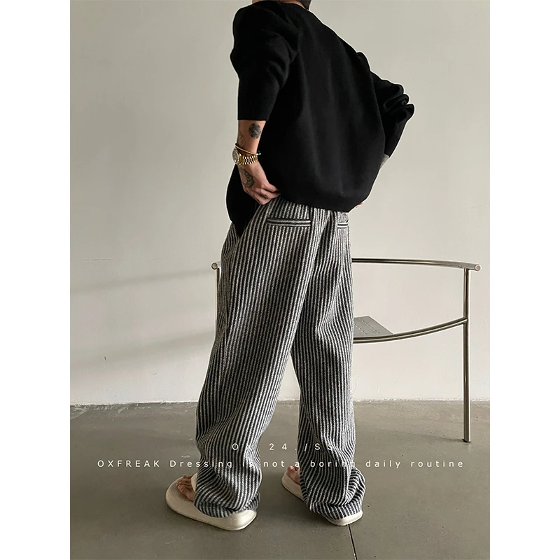 OXFREAK「黑白条纹 肌理舒适」松紧腰直筒休闲裤男宽松拖地裤垂感