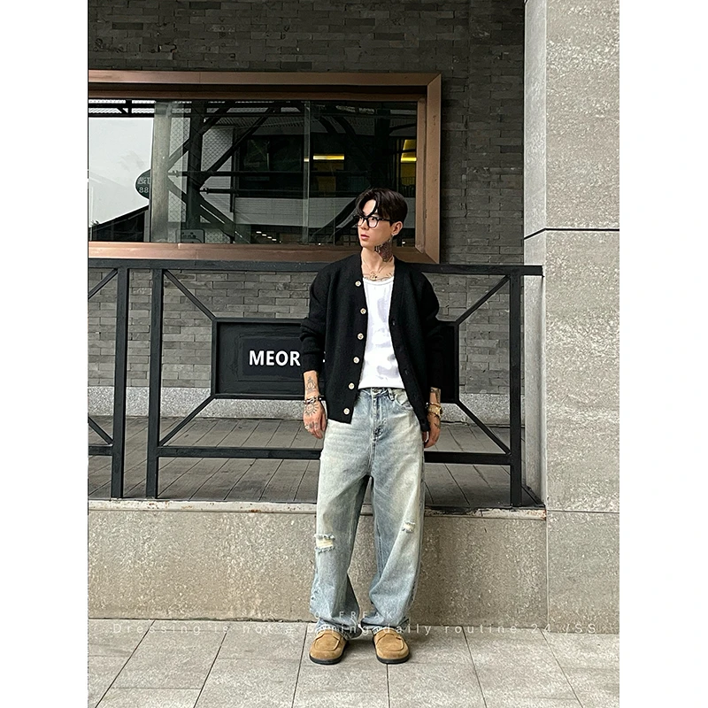 OXFREAK「做旧破坏 水洗破洞」浅蓝牛仔裤男直筒宽松伐木裤