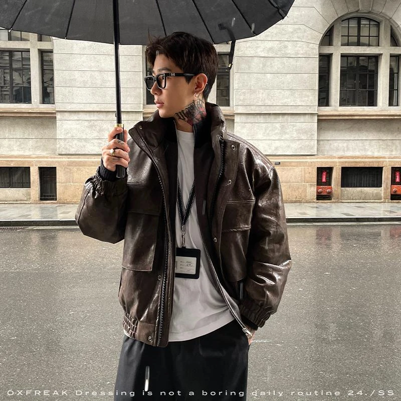 OXFREAK 24FW「美拉德 PU皮」短款加厚90白鸭绒立领羽绒服男冬季
