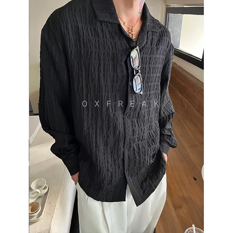 OXFREAK「雅痞风 浮雕格子」极简肌理感黑色长袖衬衫男廓形宽松衬衣