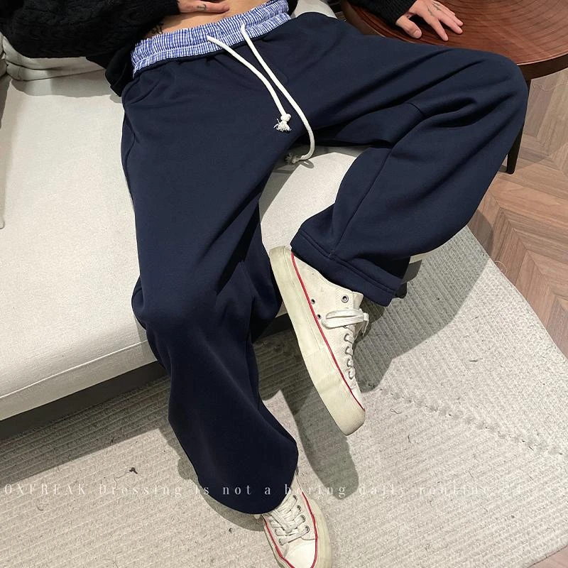 OXFREAK「假两件 撞色翻腰」抽绳加绒休闲裤男直筒宽松卫裤秋冬季