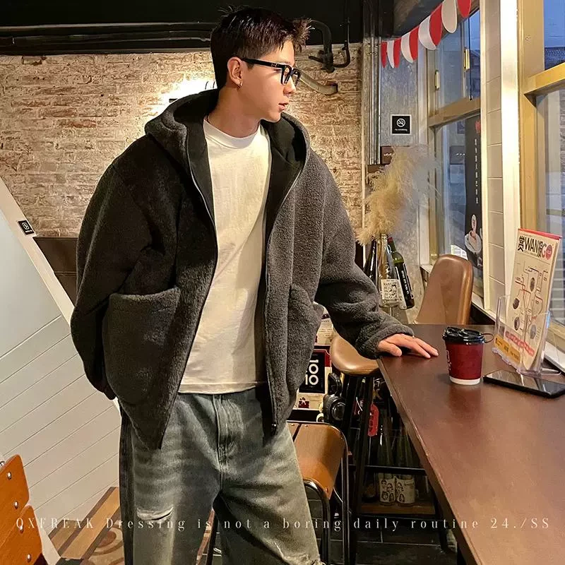 OXFREAK 「双面穿 羊羔绒」情侣冬季重磅连帽开衫卫衣男宽松百搭