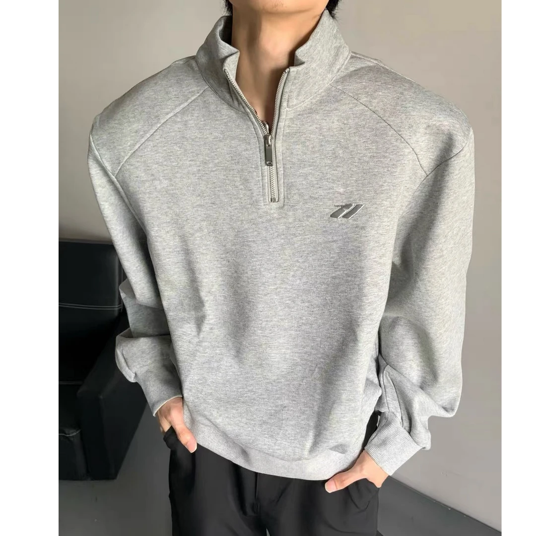 ins秋冬半拉链纯色立领可拆卸垫肩套头卫衣男小众高级感廓形上衣