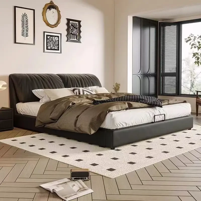 意式新款大象耳朵皮艺床简约现代大小户型主卧床家用实木双人床