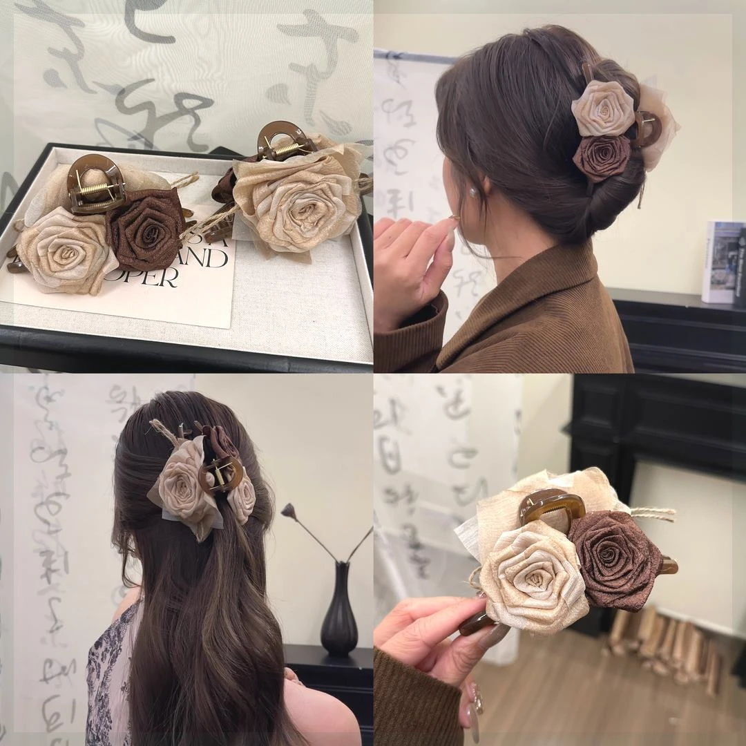 干枯玫瑰~美拉德花朵抓夹女新中式后脑勺鲨鱼夹盘发抓夹碎发夹子