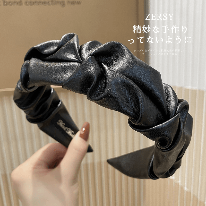 高颅顶发箍女2023新款秋冬高级感皮质褶皱宽边头箍洗脸压发卡头饰