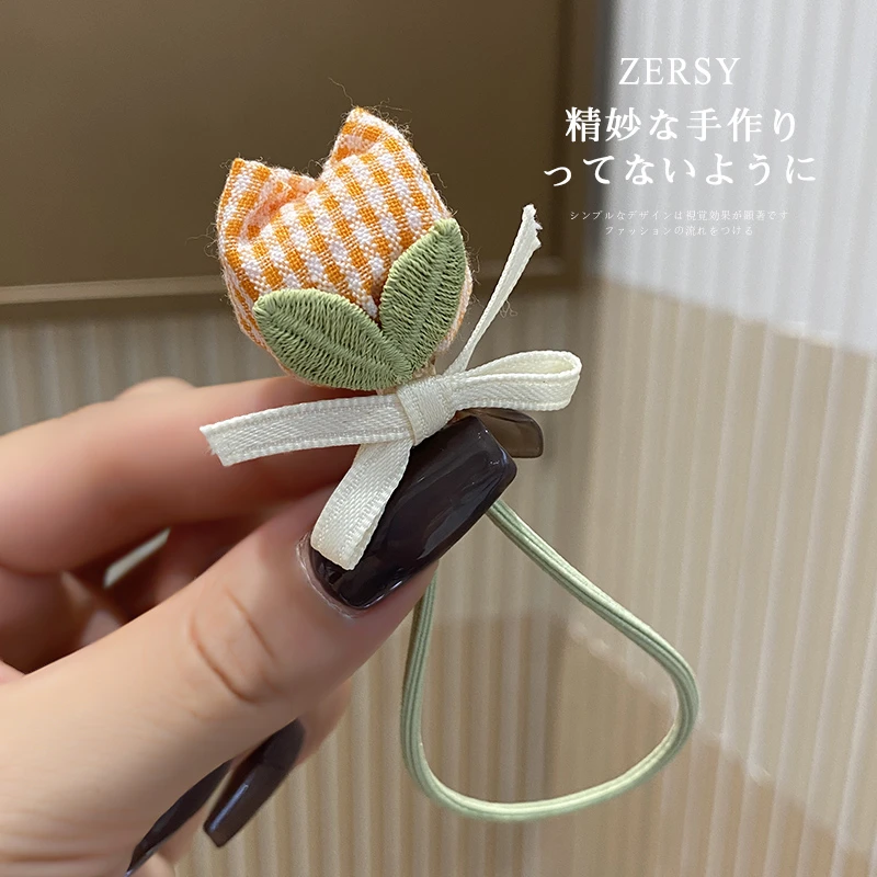 韩系春夏奶油少女郁金香花苞发绳小清新格纹高马尾高级感发圈发饰