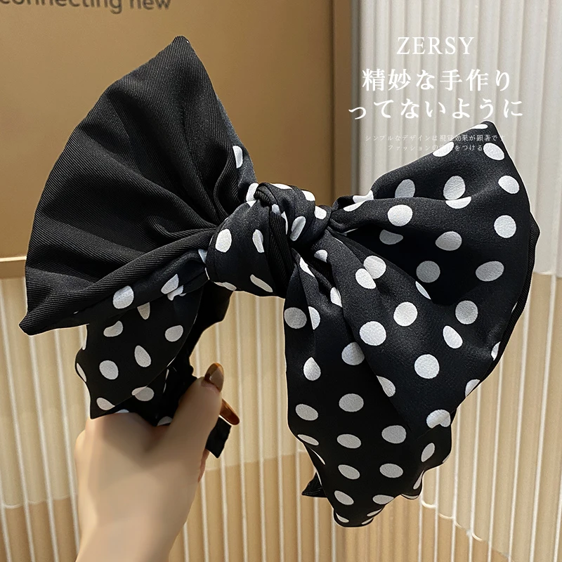 黑色波点拼接蝴蝶结发箍女2025新款宽边蓬松增高颅顶头箍发捆发卡